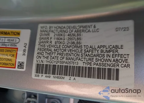 2023 Honda Accord Hybrid Sport from USA, damaged, VIN 1HGCY2F55PA057613